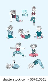 Kids yoga set. Children perform exercises, asanas, postures, meditation. Hand drawn vector illustration.