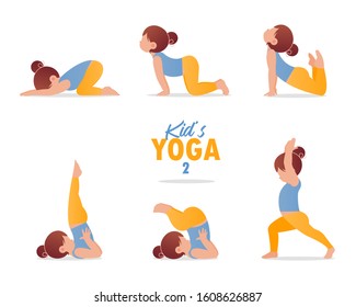 kids yoga set. Gymnastics for children and healthy lifestyle. Cartoon kids in different yoga poses.  Vector art and illustration.