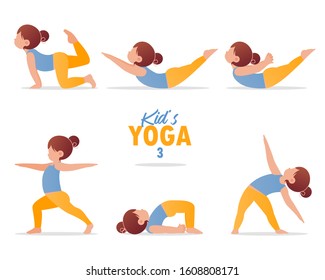 kids yoga set. Gymnastics for children and healthy lifestyle. Cartoon kids in different yoga poses.  Vector art and illustration.