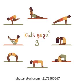 Kids yoga set. Gymnastics for children and healthy lifestyle. Cartoon kids in different yoga poses on mat. Vector illustration isolated on white background. 3 of 4