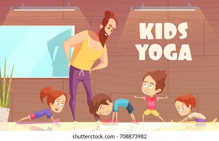 Kids yoga training vector illustration with learning instructor and children in different sport poses flat cartoon vector illustration 