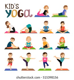 Kids yoga vector icons set. Smiling children in different yoga poses collection on white background