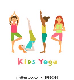 Kids yoga. Vector illustration. Asanas. Set of yoga poses. Cartoon characters.Girls performing exercises.