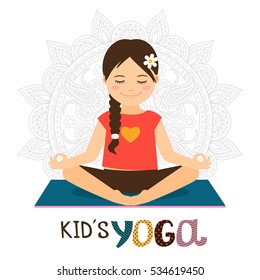 Kids Yoga Vector Illustration With Beautiful Girl In Lotus Pose