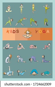 Kids yoga. Vector. Poster of an active and healthy life for children. 21 children's pose for yoga. Gray background, vector children's bodies. For different children do yoga.