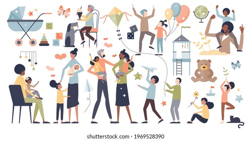 Kids and young child playing with parents collection, tiny person set concept. Elements with happy and joyful childhood moments vector illustration. Father and mother together with teen son or daughter