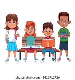 kids young little kids girl and boy reading book sitting on a bench avatar cartoon character vector illustration graphic design.