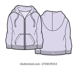 Kids zip up hoodie technical flat drawing vector mockup template.