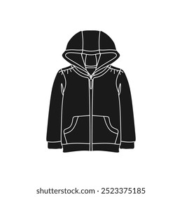 Kids Zipper Hoodie Jacket in black fill flat icon. Vector illustration in trendy style. Editable graphic resources for many purposes.