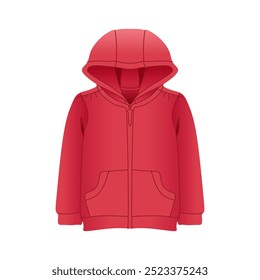 Chaqueta con capucha y cremallera para niños en rojo. Ilustración vectorial 3D plana realista en estilo de moda. Recursos gráficos editables para muchos propósitos.