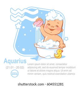 Kids zodiac. Cute little baby boy or girl as Aquarius astrological sign. Vector illustration. Astrological symbol as cartoon character.