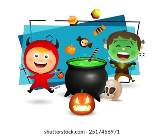 Kids in zombie and devil costumes celebrating Halloween. Boiling potion in caldron, pumpkin lantern, skull and sweets on background. Party concept. Vector illustration for poster or banner