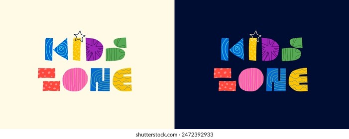 Kids zone abstract decorative concept logo. Modern colorful graphic shapes lettering for playroom advertising. Children fun and play place trendy creative sign. Cartoon artistic style inscription