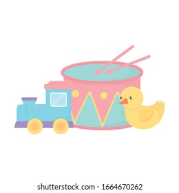 kids zone, alphabet blocks duck kite and drum toys vector illustration