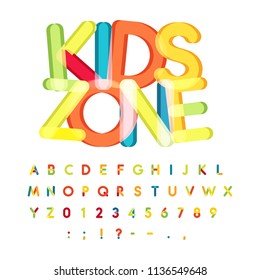 Kids zone alphabet, candy style, colorful vector font. Kids party, childrens birthday alphabet, holiday decoration, vector colorful letters.