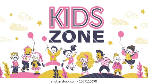 Kids zone background decor banner with happy playful kids in hand drawn style. Boys and girls jumping with air balloons, standing smile. Kindergarden backdrop. Vector illustration. Pink, yellow color.