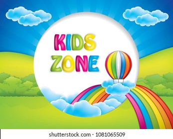 Kids zone background with hot air balloon and rainbow