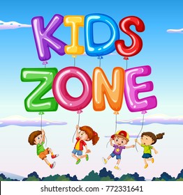 Kids zone with kids and balloon with sky background illustration