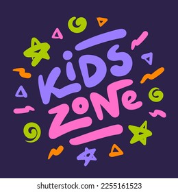 Kids zone banner. Bright text and elements for a children's playroom. Vector illustration on dark background.