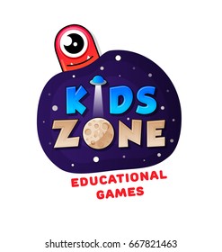 Kids Zone banner in cartoon style with good jelly monster and ufo for children's playroom decoration.