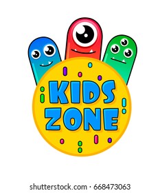 Kids Zone banner in cartoon style with good jelly monster for children's playroom decoration.