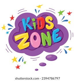 Kids zone banner children play area advertising multicolor splash and stars vector flat illustration. Child entertainment playground recreation leisure activity place promo poster design template