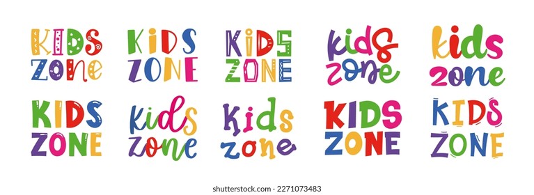 Kids zone. Banner for childrens playroom decoration. Kids zone vector cartoon logo badges. Game room signboard. Child playing zone vector illustration set. Playroom area. Baby and kids zone game text.