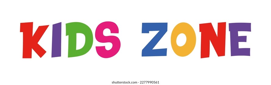 Kids zone. Banner for childrens playroom decoration. Kids zone vector cartoon logo badges. Game room signboard. Child playing zone vector illustration. Playroom area. Baby and kids zone game text.