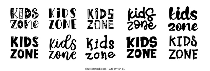 Kids zone. Banner for childrens playroom decoration. Kids zone vector cartoon logo badges. Game room signboard. Child playing zone vector illustration set. Playroom area. Baby and kids zone game text.