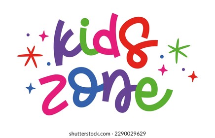 Kids zone. Banner for childrens playroom decoration. Kids zone vector cartoon logo badges. Game room signboard. Child playing zone vector illustration. Playroom area. Baby and kids zone game text.