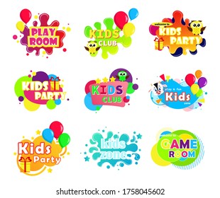 Kids Zone banner design big set. Colorful bubble letters for children's playroom decoration. Colorful caramel text on abstract background.