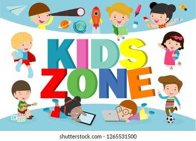 Kids zone banner design. Children playground area poster Kids zone design concept with group of little boys and girls laying together. Vector illustration isolated on background