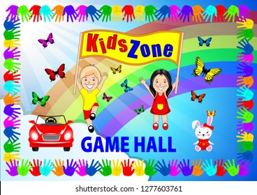 Kids Zone banner, poster. Girl, Boy with toys cars and bunny on a bright  background, Frame color handprints, rainbow, sunlight, blue sky, clouds, flying butterflies. Cartoon Vector Illustration