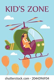KIds zone banner or poster layout with child flying helicopter, flat cartoon vector illustration. Children toy transport rides and attractions advertising banner.