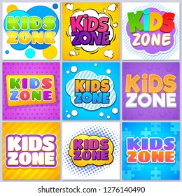 Kids zone banners. Children game playground labels with cartoon lettering. School children park area vector backgrounds set