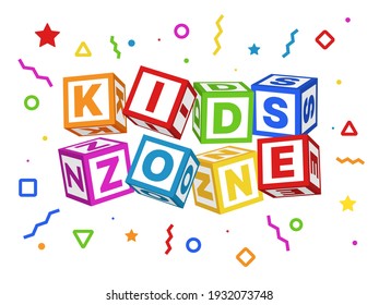 Kids zone blocks. Color geometric elements around title, children play room sign board with baby cubes font, colorful playing park or game area logo, educational toy emblem. Vector isolated concept