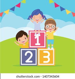 kids zone boy and girls with number cubes vector illustration