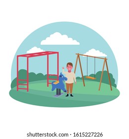 kids zone, boy waving hand with spring horse and swing playground vector illustration