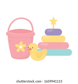 kids zone, bucket rubber duck and puzzles tower toys vector illustration