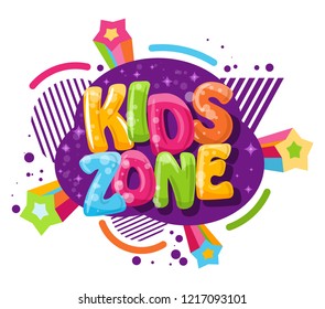 Kids zone cartoon inscription on a white background. Vector illustration. Playground and game banner for children with colored letters
