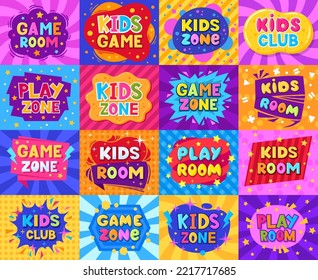 Kids zone cartoon labels, colorful play zone elements. Children playroom entertainment badges flat vector symbols set. Baby playground zone stickers collection