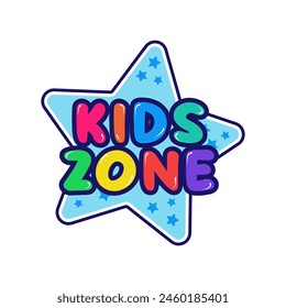 Kids Zone Cartoon Logo Design für Kinder Spielzimmer Bereich. Bunte aufgedunsene und blasenförmige Buchstaben für Kinderdekoration oder Spielplatz. Vektorillustration isoliert in weißem Hintergrund.