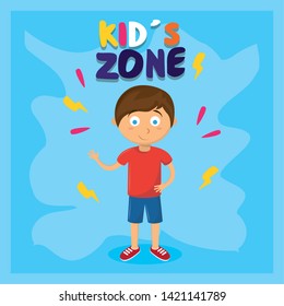 kids zone children entertaiment boy standing saying hi with blue background vector illustration graphic design
