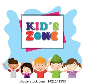 kids zone children entertaiment boys and girls below a sign avatar cartoon character vector illustration graphic design