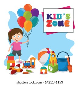 kids zone children entertaiment girl with balloons and playing with some toys below a sign avatar cartoon character vector illustration graphic design