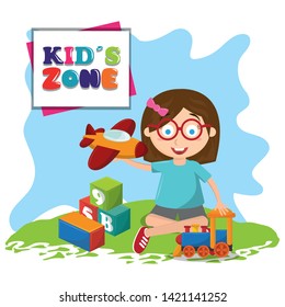 kids zone children entertaiment girl with toys and sign avatar cartoon character vector illustration graphic design