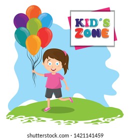 kids zone children entertaiment girl with balloons and sign avatar cartoon character vector illustration graphic design