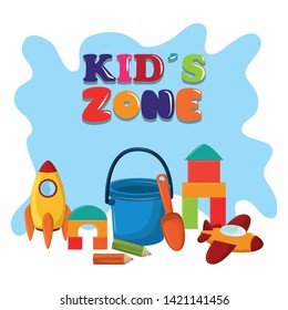 kids zone children entertaiment with toys rocket, sand bucket with slove, plane, lego pieces and crayons icon cartoon vector illustration graphic design