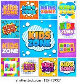 Kids zone. Children game playground banners and cute labels with cartoon lettering. School children park area vector background set