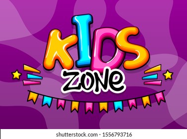 Kids zone. Colorful background. Children style font. Kids zone cartoon logo. Comics book halftone text. Font for Kids play room pop art. Comic text speech bubble colored background.